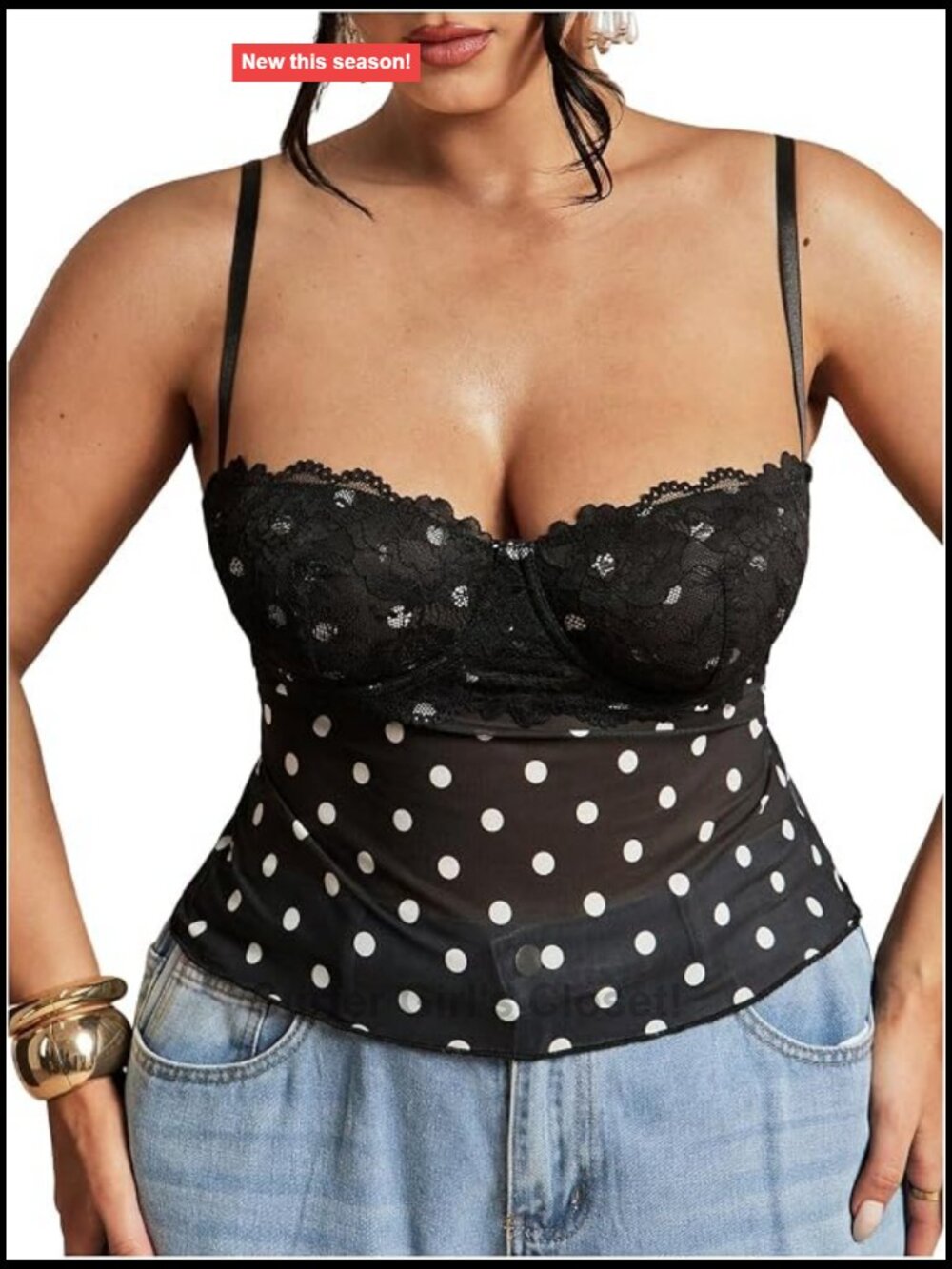 Plus Size Polka Dot Lace Trim Cut Out Sweetheart Neckline Crop Cami Top
